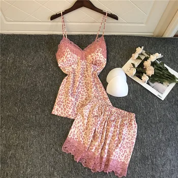 

BZEL Pink Leopard Pajama Sexy Nightwear Lace Spaghetti Strap Shorts Pijamas For Women Soft Underwear Fashion Sweet Sleepwear 2PC