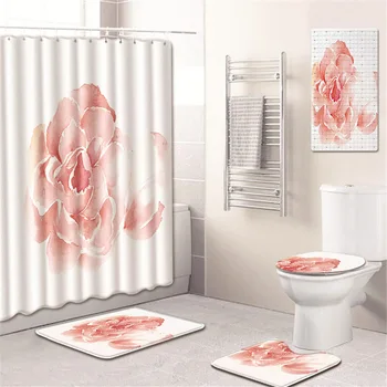 

Flower Shower Curtain Bathroom Mat Set Toilet Cover Mat Bathtub Mat Kitchen Pad Five-Piece Carpet