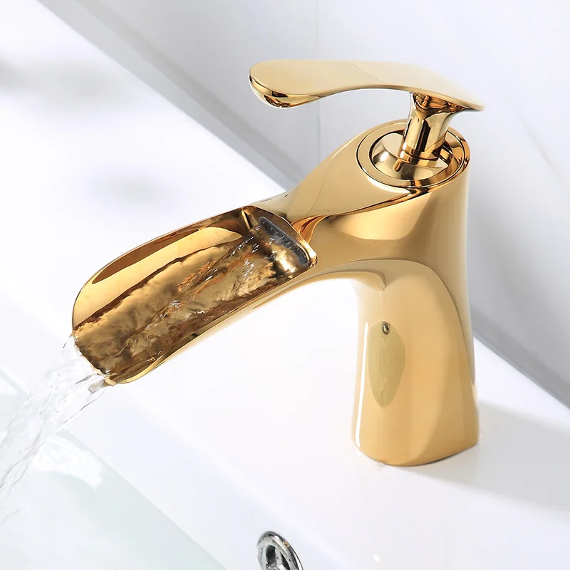 

Gold Bathroom Basin Faucets Solid Brass Sink Mixer Hot & Cold Single Handle Deck Mounted Lavatory Waterfall Taps White/Nickel