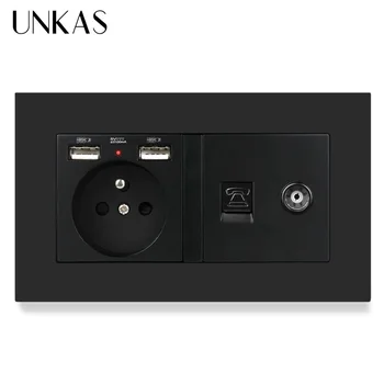 

UNKAS PC Plastic Panel French Standard Socket With Dual USB Charge Port + Female TV Television Jack and RJ11 Telephone Connector