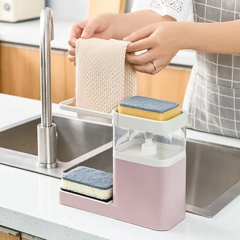 

3-In-1 Press Detergent Dispenser Box With Towel Bar Shelf Kitchen Sponge Holder Hand Press Soap Organizer Sponge Rack