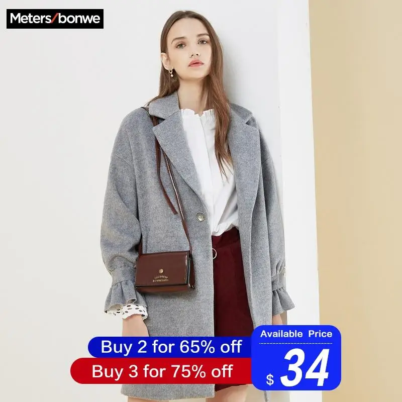 Metersbonwe Women Woolen Coat outerwear winter clothing Flare Sleeve Coat fashion warm woolen blends female elegant coat