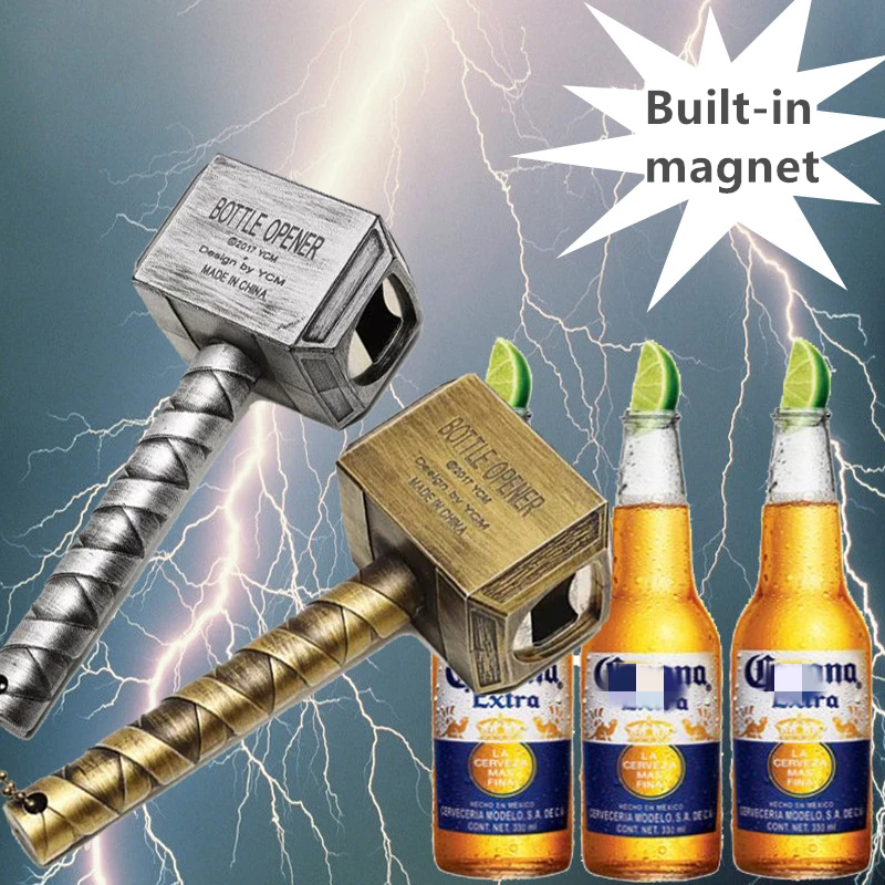 Creative Retro Beer Bottle Openers Multifunction Hammer Of Thor Shaped Beer Corkscrew Long Handle Bottle Opener With Magnet