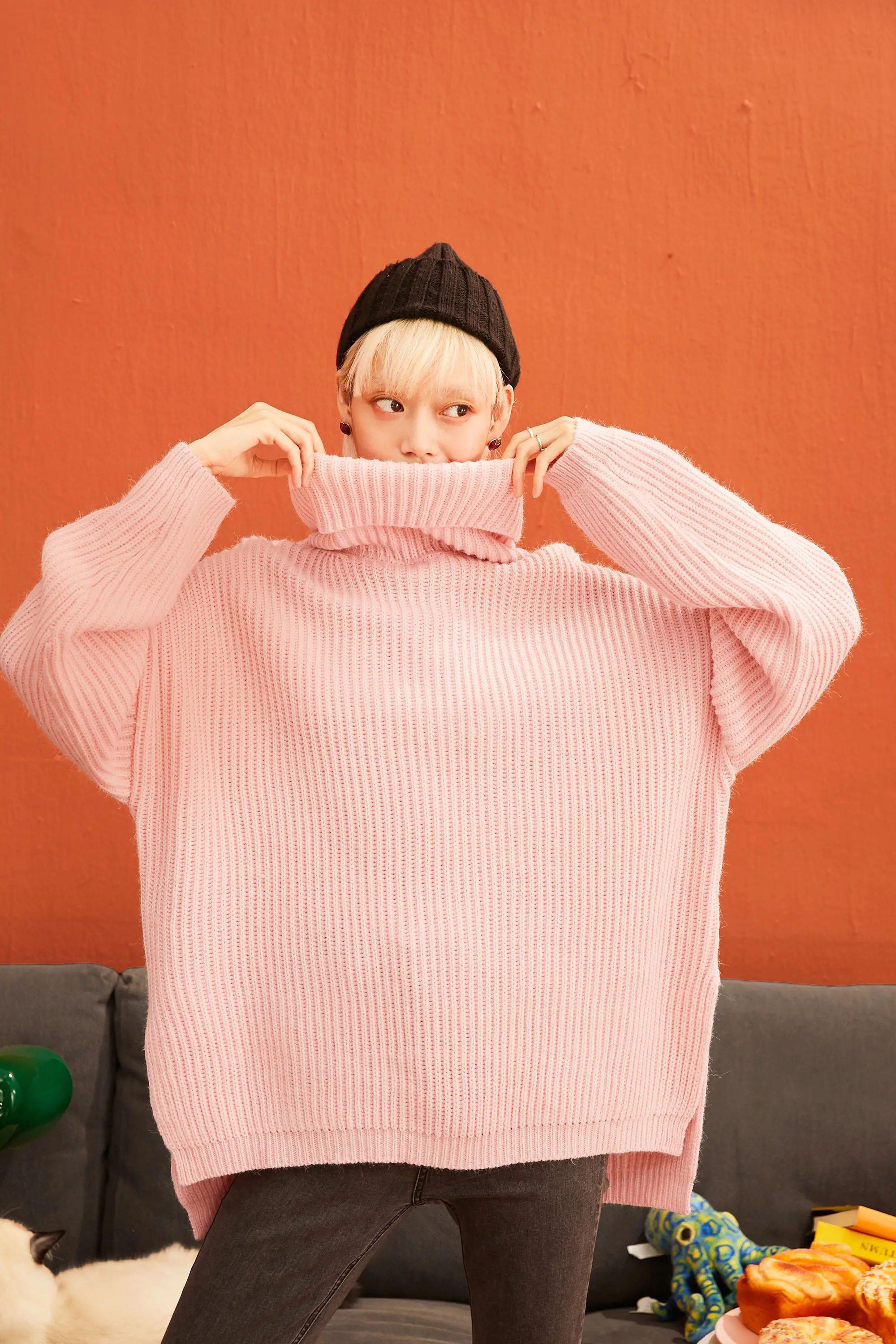 SAM'S TREE Pink Solid Minimalist Style Pullover Sweater Women Winter Drop Shoulder Sleeve Knitted Office Ladies Sweaters