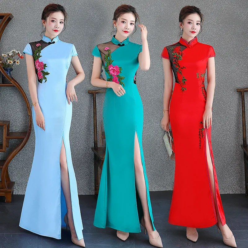 Красное женское платье Cheongsam с цветочным рисунком, элегантный в китайском стиле, длинное Qipao, женские вечерние платья, сексуальные тонкие свадебные платья, Vestidos XS-3XL