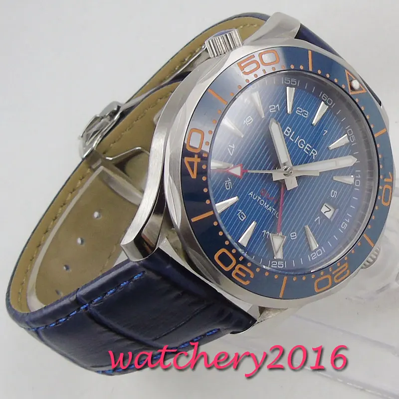 41mm bliger blue dial ceramic bezel GMT Sapphire glass Luxury date Automatic Movement mens watch