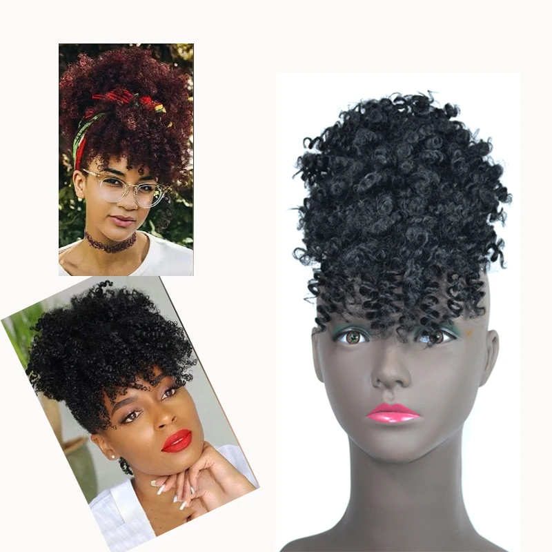 

Beiyufei Short Afro Kinky Curly High Puff Drawstring Ponytail With Bangs Wig Wrap Synthetic Clip in Hair Extension clip in bangs