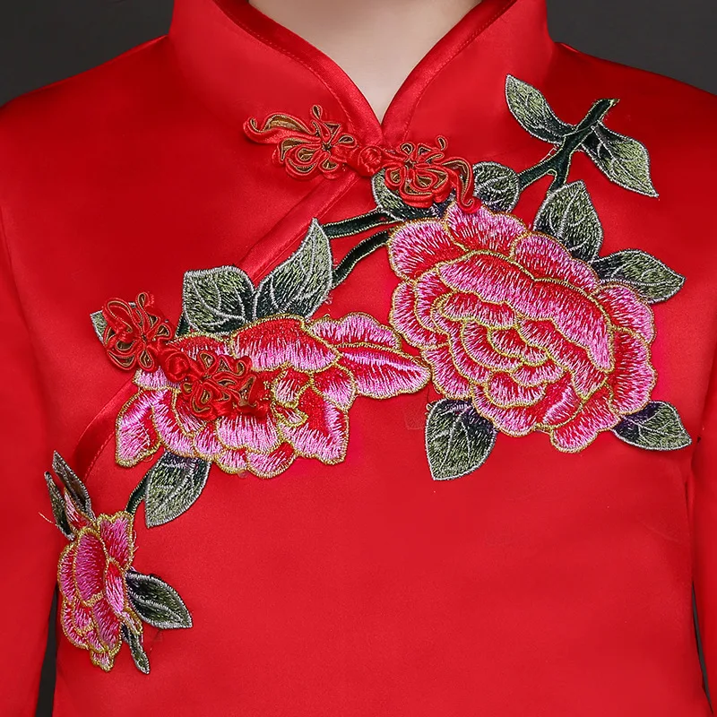 Элегантное вечернее платье для девочек Cheongsam с изысканной цветочной вышивкой; Сетчатое платье в китайском стиле с воротником-стойкой; Vestidos