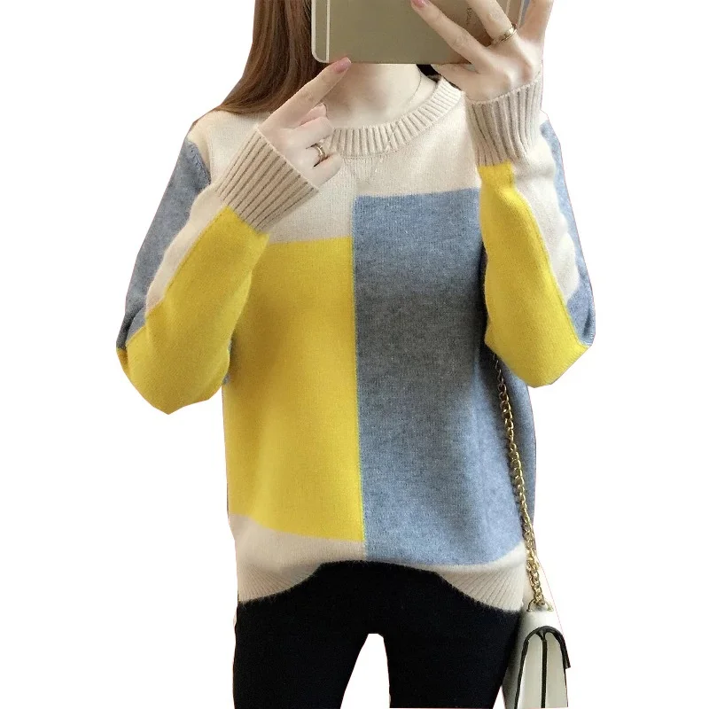 Women Sweater Patchwork Contrast Color Sweater Women Long Sleeve Sweaters Pullover Knitted Jumper Lady Sweaters Female