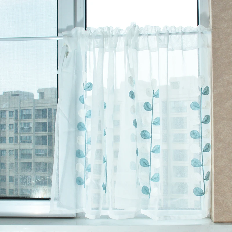 

Half Short Curtains for Kitchen Blue Leaves Embroidered Coffee Curtains Window Curtain Valance for Livingroom Tulle Curtains