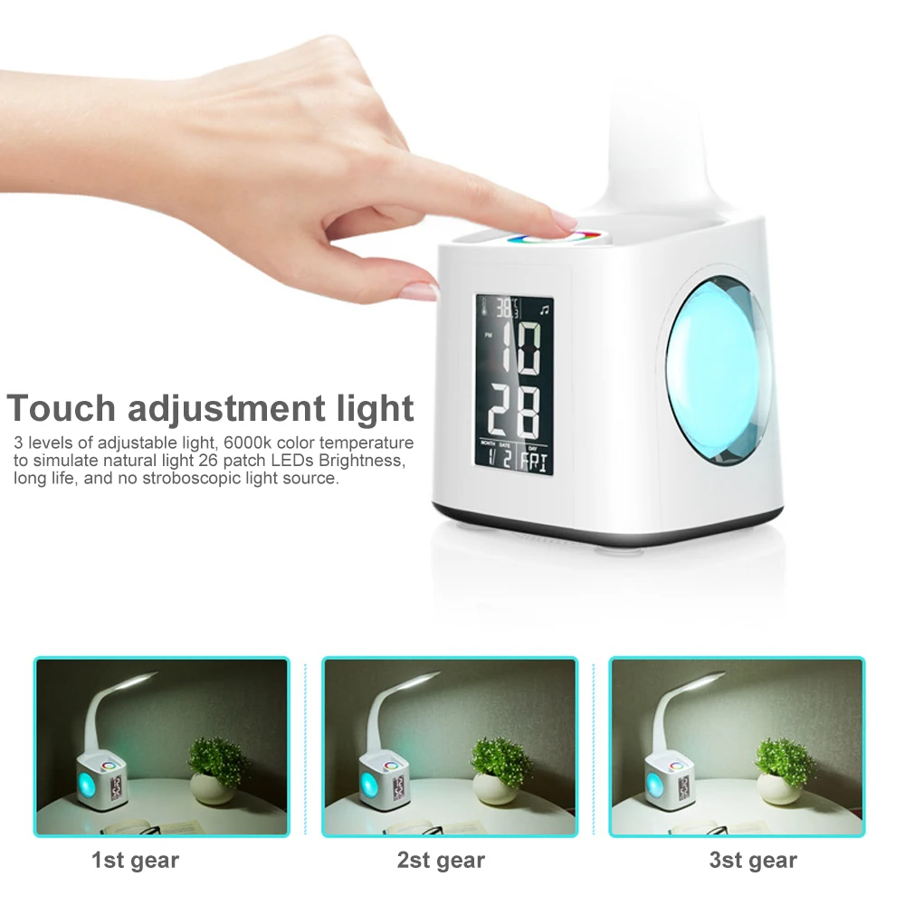  LED Desk Lamp with USB Charging Port&Alarm Clock&Thermometer&Calendar 3-Level Dimmer Night Table La