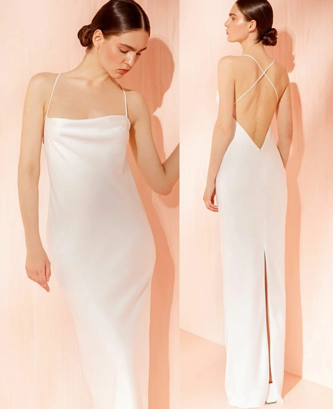 

Elegant Long Halter Satin Wedding Dresses with Slit A-Line Criss Cross Back Ivory Brautkleid Robes de Soirée for Women