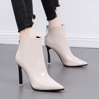 

2019 Fashion Women 10cm High Heels Fetish Leather Stripper Boots Thin Heels Ankle Sock Autumn Zip white Boots Pointed Toe Shoes