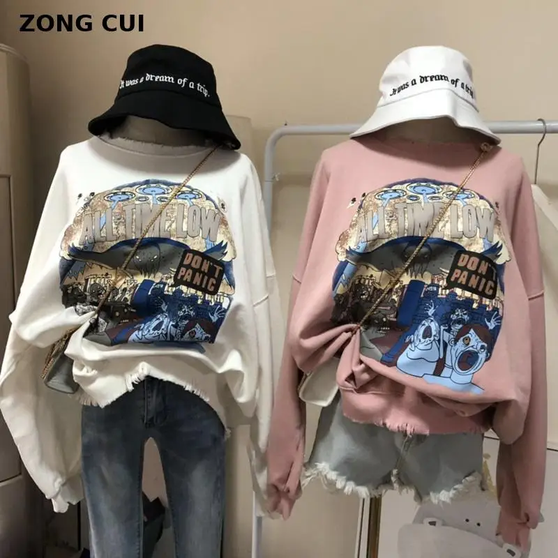 Hip Hop Hole Hoodie Sweatshirt Women Cool Graffiti Hoodies Pullovers Female BF Style Loose Cotton Coat Oversize | Женская одежда