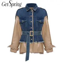 Getвесна, женское кожаное пальто, деним, сплайсированные, неровные, искусственная кожа, куртки, для женщин, с длинным рукавом, на шнуровке, для женщин, мотоциклетное пальто, осень