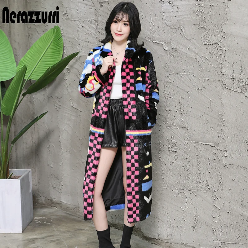 Nerazzurri Multi color women faux fur coat runway ladies long fur coats warm winter fashion designer brand luxury women clothing