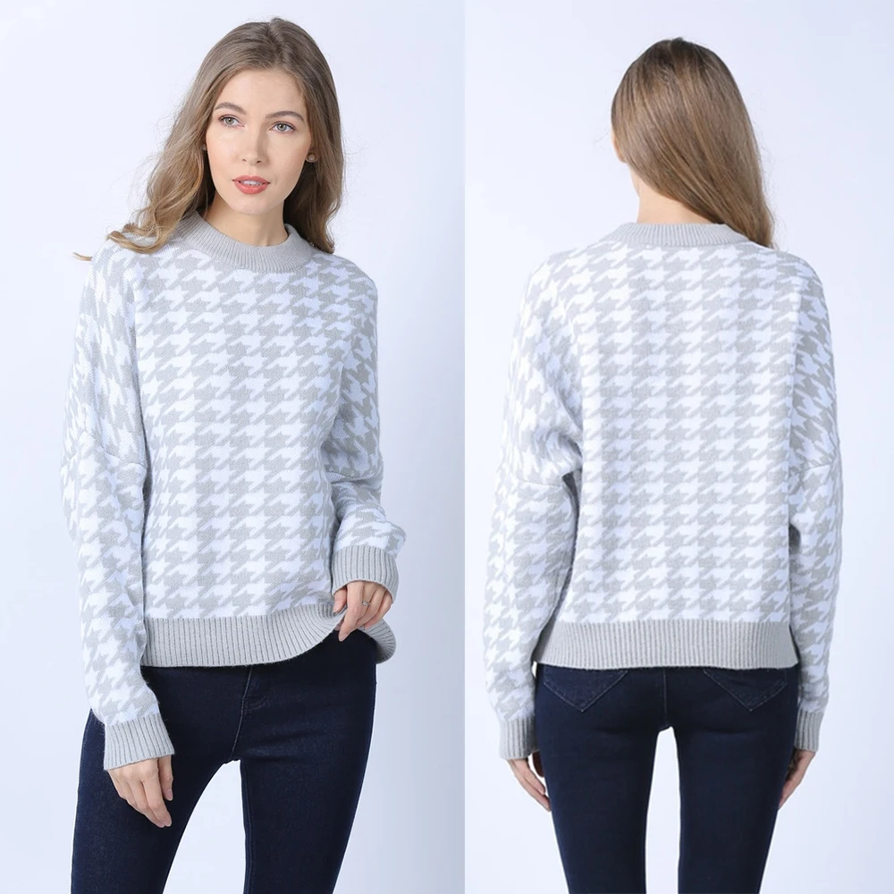 

New Korean Style Sweater Women knitted Sweater Casual Houndstooth Pullover Long Sleeve Sweater Female Autumn Winter Retro Jumper