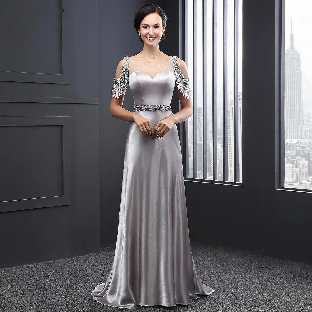 

Sweetheart A-line party Gown Luxury Silver Beaded Sashes Backless 2018 Off The Shoulder vestido de noiva bridesmaid dresses
