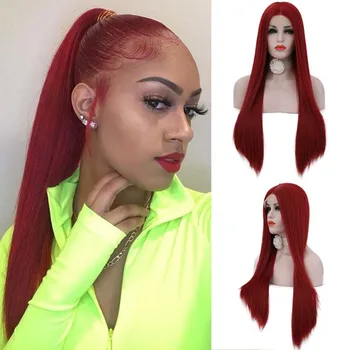 

RONGDUOYI HandTied Heat Resistant Hair Straight Lace Front Synthetic Wigs Cosplay Women Long Wig Burgundy Red Wigs Middle Part