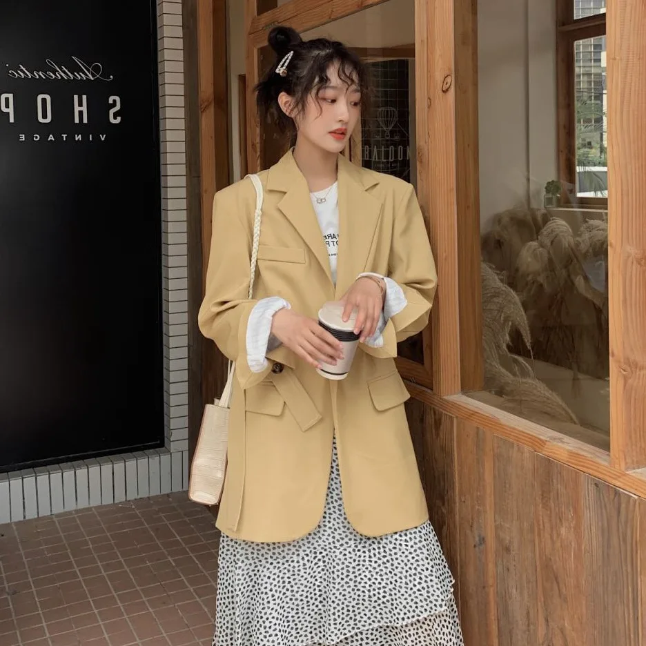 

Photo Shoot Hipster Avocado Green Chic Waist Hugging Lace-up Mid-length Slimming Slit Cuff Suit Jacket Women's OL
