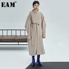 [EAM] Свободное длинное шерстяное пальто с разрезом большого размера, парка, новинка, длинный рукав, женская мода, Осень-зима, 1K711