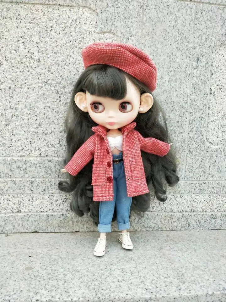 Blyth красный пальто Озон пальто в клетку с поясом, кукольный наряд(Fit blyth, BJD, озон, pullip, лат, licca, ob, kurhn, 1/6 кукла