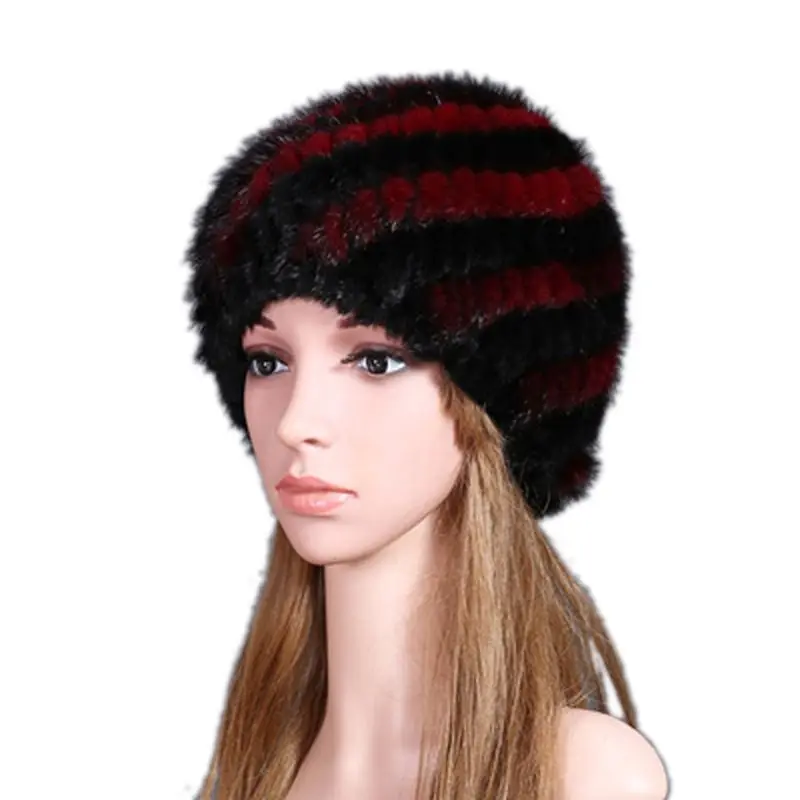 Black Red Натуральный мех, шапка для женщин, подлинный натуральных мех, ананас, шапка, зимняя шапочка, шапки, русская вязаная норка, меховые шапки, головные уборы C - Цвет: Black Red