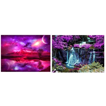 

2 Set 5D DIY Diamond Painting Cross Stitch Full Drill Home Wall Decoration, Starry Sky & Waterfall