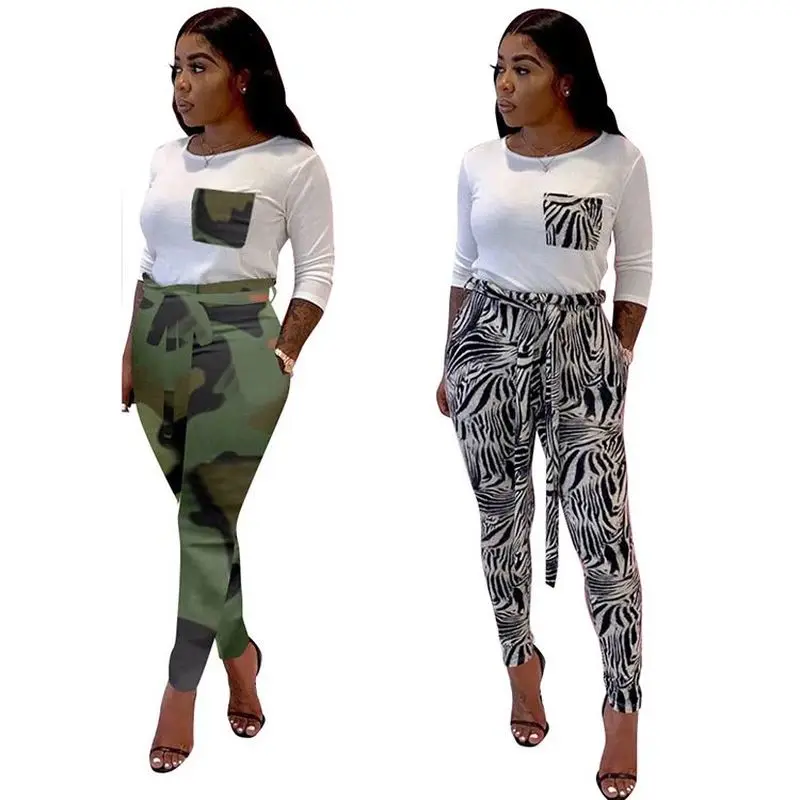 

Women Two Piece Outfits Clothes Printing Long Sleeve Splicing Belt Casual Clothing 2 Piece Pant Set Women Fall 2020