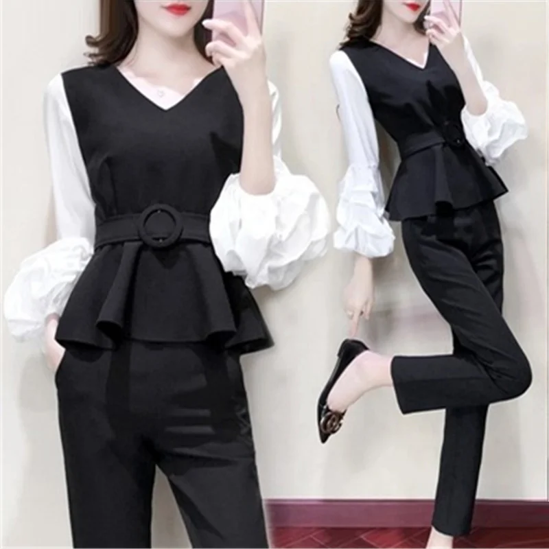 

Black Two Piece Set Women Puff Sleeve Tops With Belt+pants Sets Spring Autumn Casual Office Elegant 2 Piece Set Women's Clothing