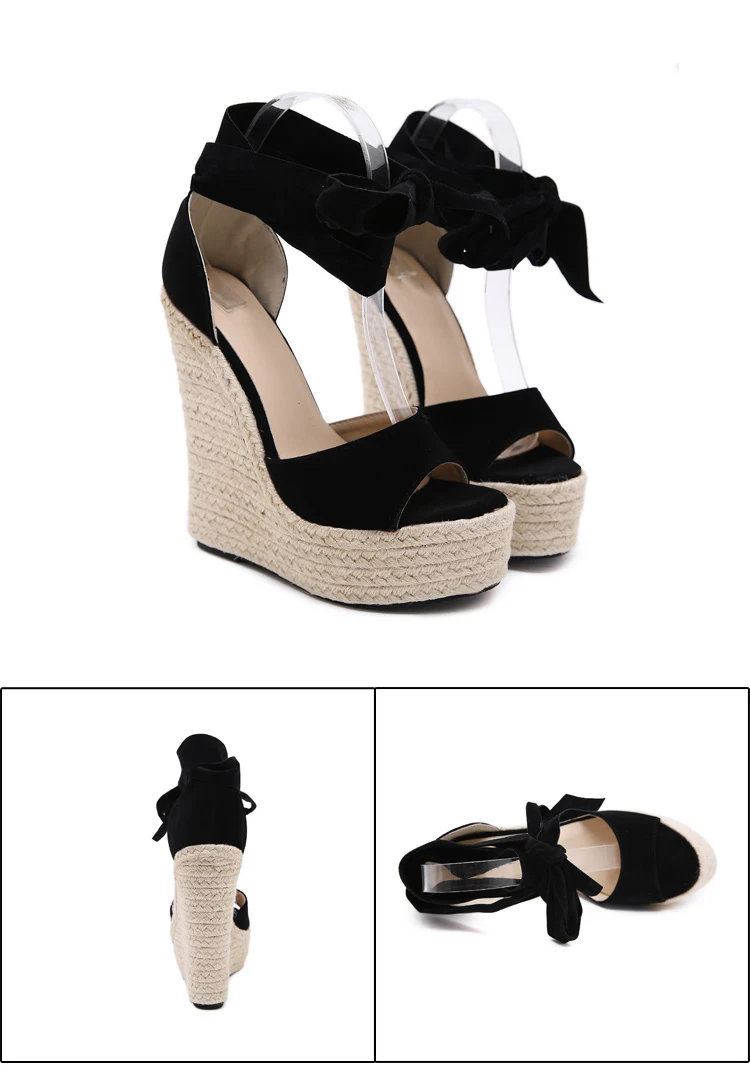 Aneikeh, стиль, мягкое покрытие флок, Для женщин женские туфли-лодочки с поперечными ремешками, со шнуровкой и ремешком на щиколотке; туфли на танкетке/высоком каблуке черные вечерние повседневные лодочки, сандалии, обувь Размер 35–40