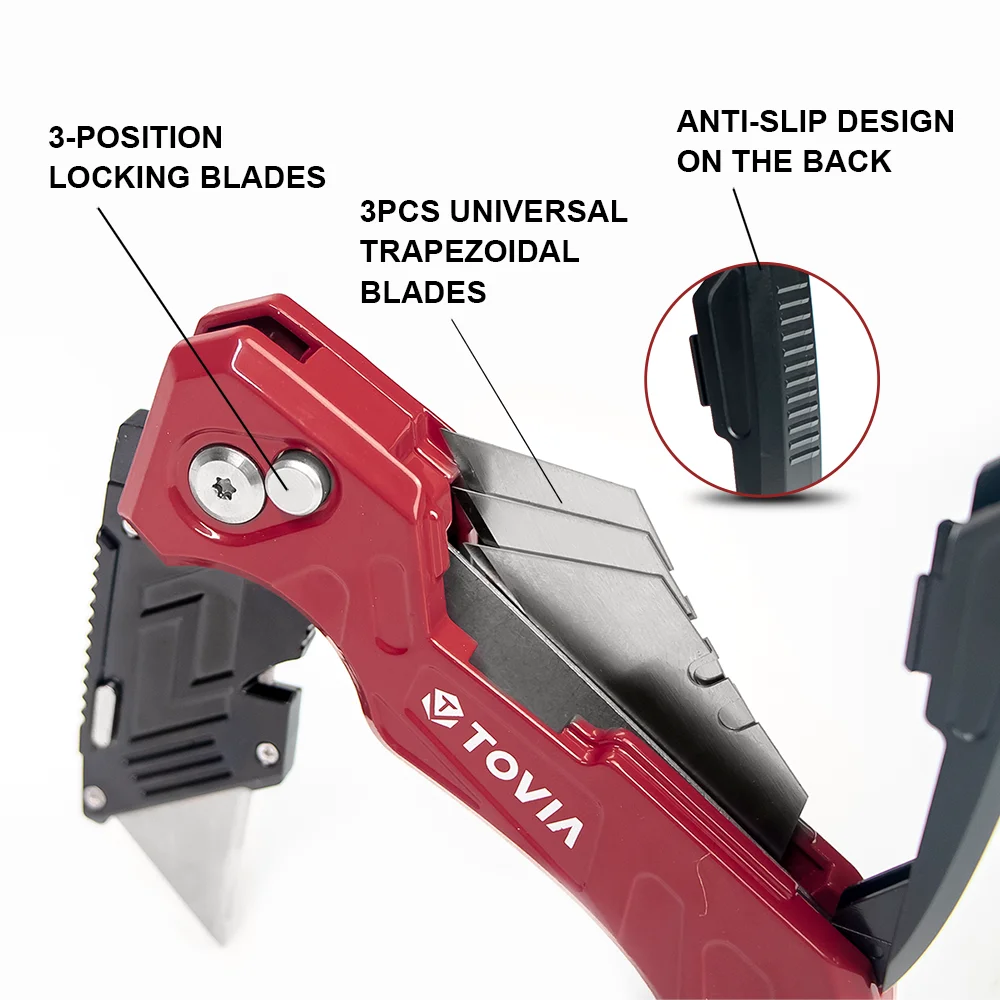 T Tovia Folding Utility Knife Quick Change Box Cutter, 3-Position Retractable Blades, Blade Storage Design with Extra 3 Blades, Box Knife for Cartons