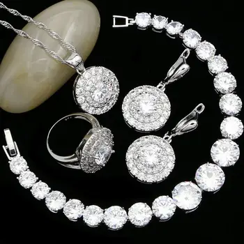 

Round 925 Sterling Silver Jewelry Sets White Crystal For Women Party Decoration Earrings/Pendant/Necklace/Ring/Charm Bracelet