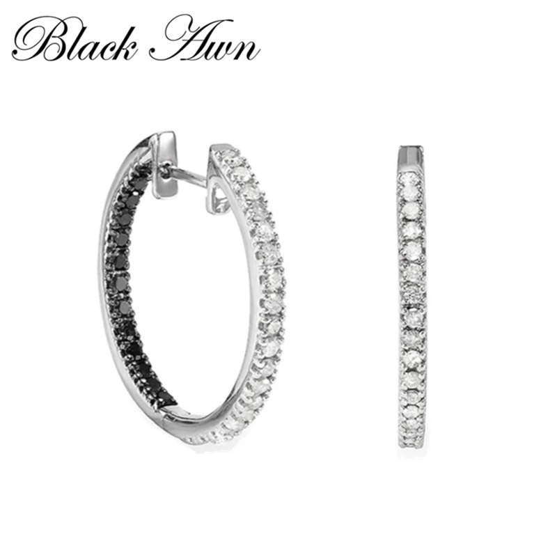 Black Awn 2020 New Classic 925 Sterling Silver Round Black Trendy Spinel Engagement Hoop Earrings for Women Fine Jewelry I189