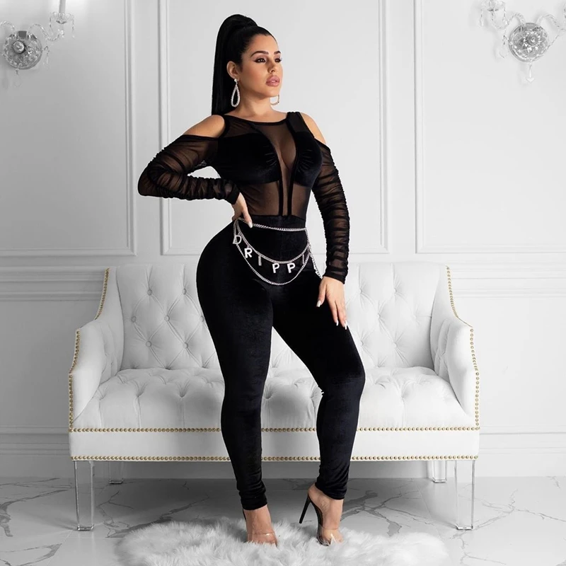Elegant Sexy Jumpsuits for Women 2020 Long Sleeve Patchwork Mesh Black Bodycon Jumpsuit Rompers Backless Party Club Jumpsuit