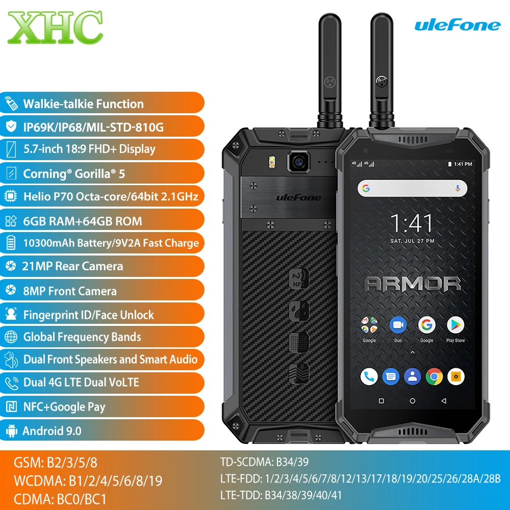 Ulefone Armor 3WT 5,7 ''Android 9,0 мобильный телефон 6 Гб 64 Гб 10300 мАч рация Helio P70 Восьмиядерный двойной SIM NFC OTG Смартфон