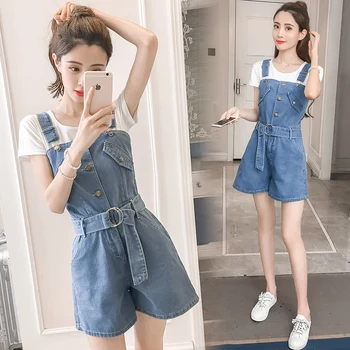 

Will denim jumpsuits wide-legged tall waist han edition hot pants show thin belt loose denim overalls women suits