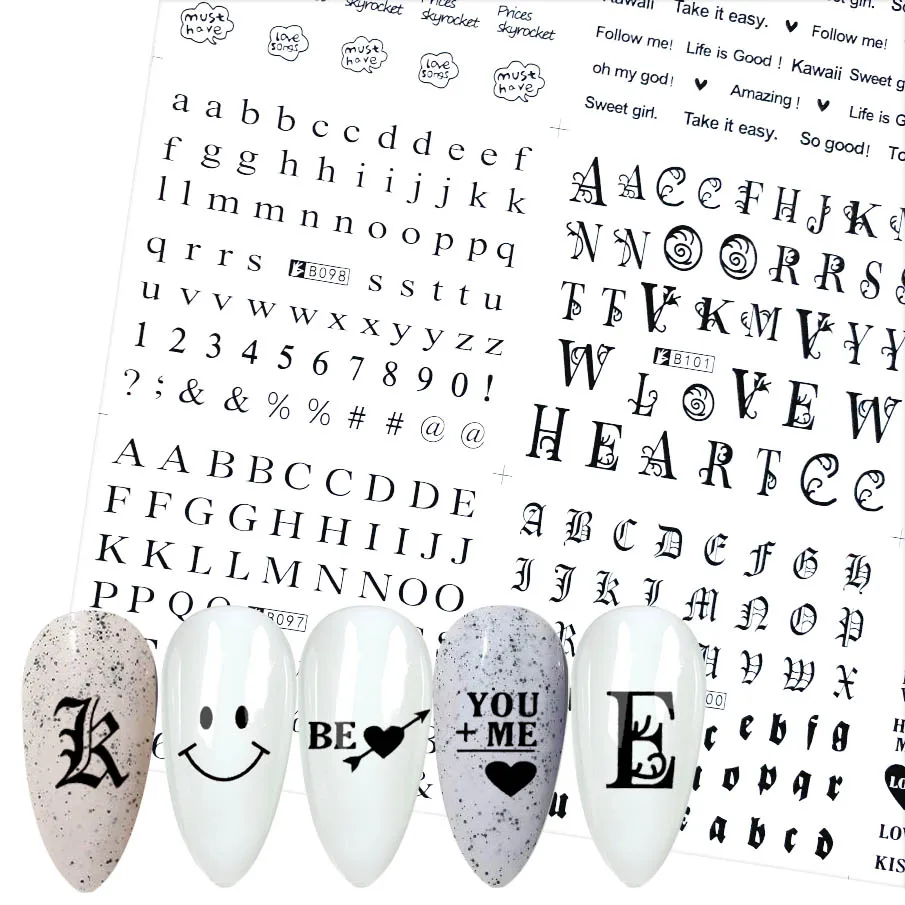 12 Design black white Symbolic Nail Art Sticker Water Decals English Letter Number Nails Slider Words Character nail accessories | Красота и