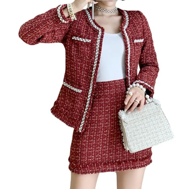 Женский твидовый костюм с длинным рукавом из жакета круглым вырезом и бахромой