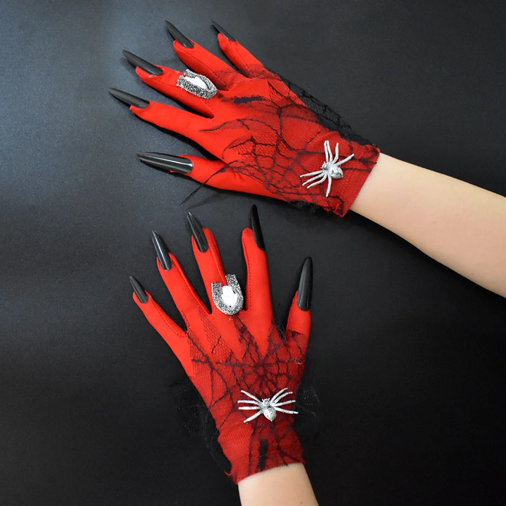 Red Gothic Women Halloween Glove 2020 Novelty Lady Spider Skull Accessory Lace Wrist Length Cool Hipster Satin Gloves Scare Prop
