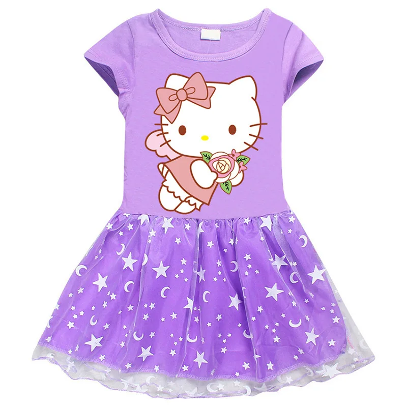 thumbnail image 1 of Hello Kitty nuevo vestido de estilo europeo y americano para niñas falda de princesa de manga corta de hilo de red de estrella y Luna de algodón para niños, 1 of 5