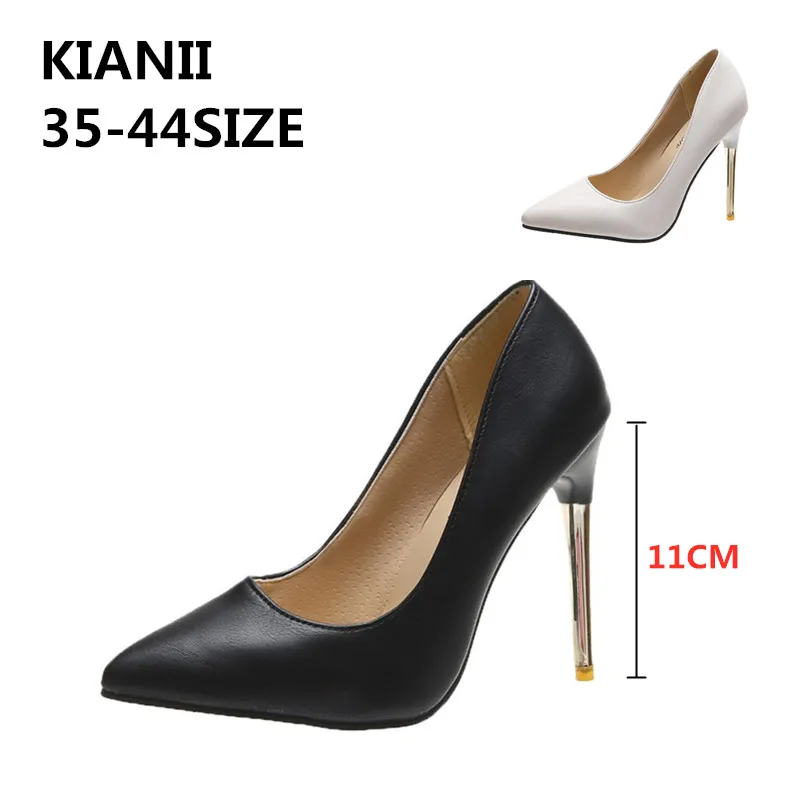 

KIANII Black PU Party Thin Heels for women's 11CM High Heel Sexy female pumps Fashion Shallow Pointed Toe shoes 35-44size