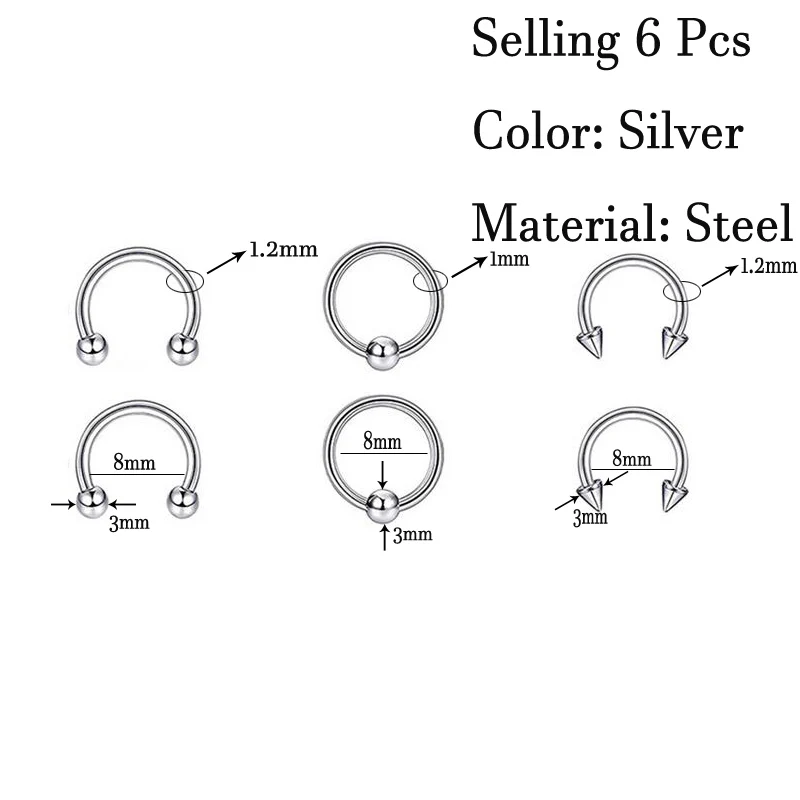 6 шт. в упаковке, классический набор, кольцо для носа, Серебряная подкова, нержавеющая сталь, бесшовное сегментное кольцо для пирсинга, зажим, Поддельные Украшения для тела - Окраска металла: 6 Pcs