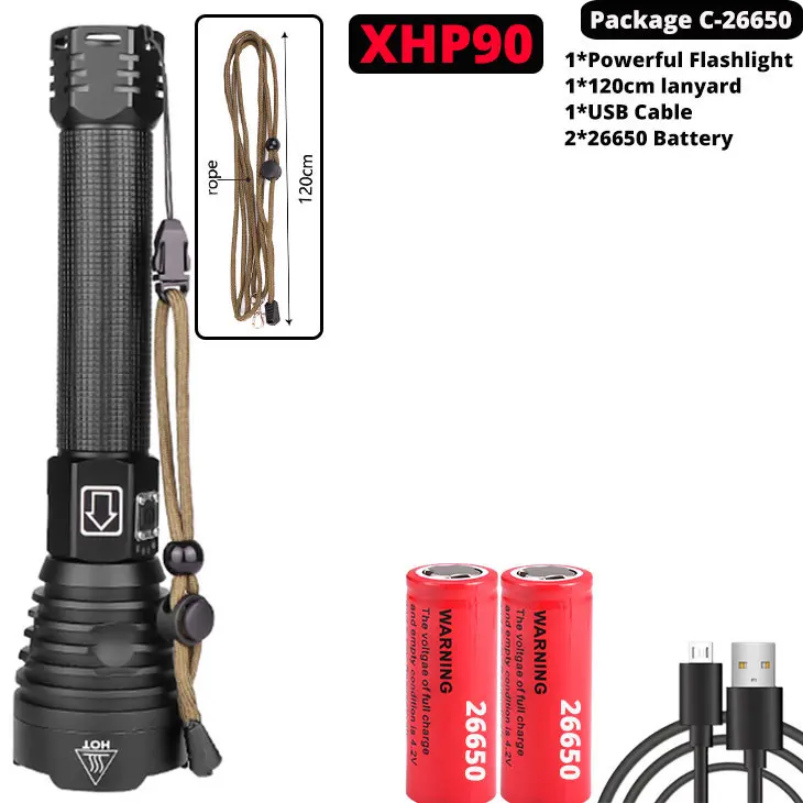 Package C-XHP90 XHP70.2 XHP90 USB Перезаряжаемый светодиодный светильник-вспышка XHP70 мощный фонарь супер водонепроницаемый охотничий светильник с зумом 18650 или 26650 Battey - Испускаемый цвет: Package C-XHP90
