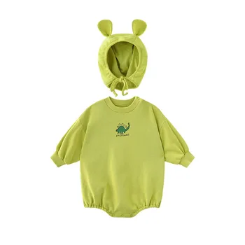 

WLG Baby Clothes Toddler Spring Beige Green Cartoon Printed Romper with Hat Boys Girls Casual All Match Clothes 6-24M