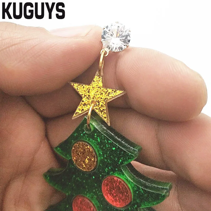 KUGUYS, 8 стилей, Рождественская елка, серьги Снеговики для женщин, акриловые блестящие цветные серьги, подарок Санта Клауса, сережка Модная бижутерия