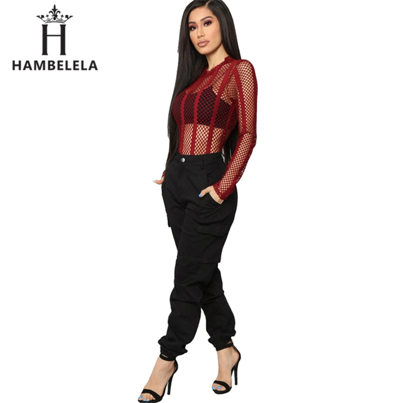 HAMBELELA Sexy Black Red Mesh Bodysuit Womens Hollow Out O-Neck Long Sleeve Body Combinaison Femme Summer Tops Women Overalls (4)