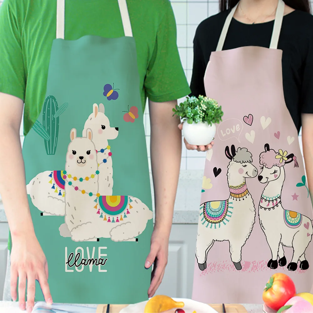 1Pcs Cute Alpaca Kitchen Cooking Aprons For Women Chefs Baking Bibs Waterproof Cotton Linen Household Cleaning Apron Delantales