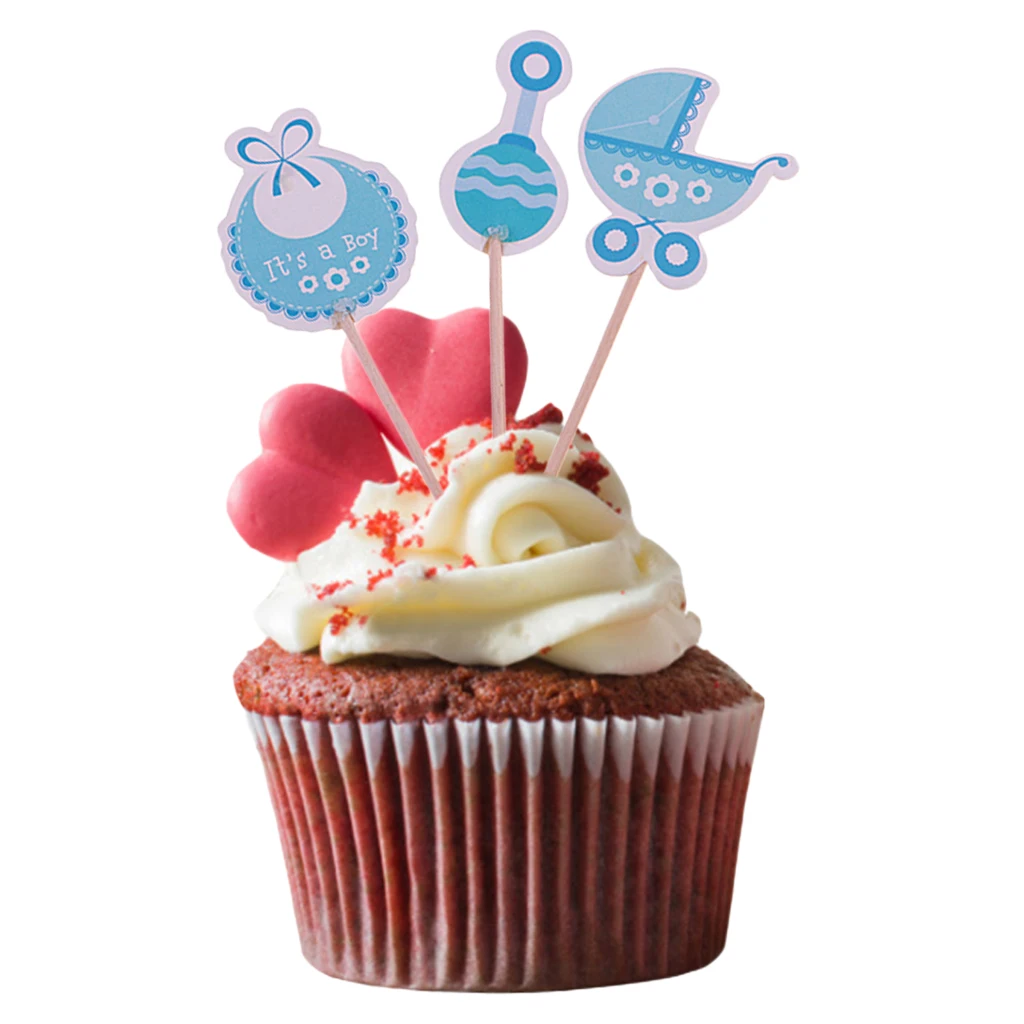 36 Pieces Sweet It's a Girl Boy Baby Announcement Cake Toppers Christening Party Supplies Cupcake Picks Pink Blue