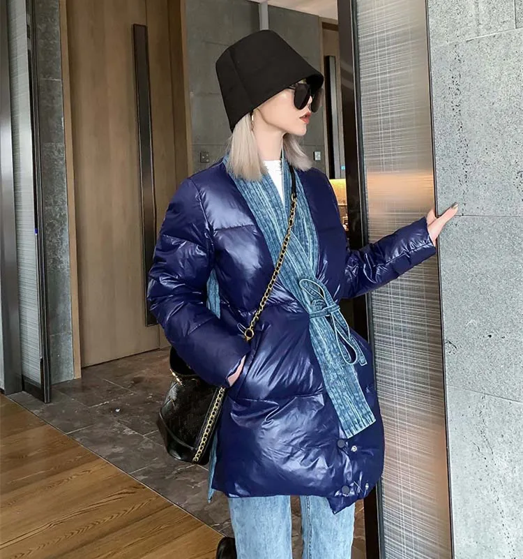 WHITNEY WANG Parkas Зимняя мода уличная джинсовая Лоскутная перекрестные пояса Женская парка с хлопковой подкладкой Толстое Зимнее пальто
